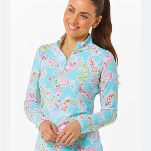 Ibkul Long Sleeved Sharon Seafoam Golf Shirt Top Paisley Mock Neck Zip
